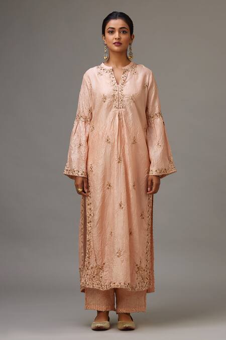 Kora_Pink , Organza Sequins, Zari Split Embroidered Straight Kurta Set _Online_at_Aza_Fashions