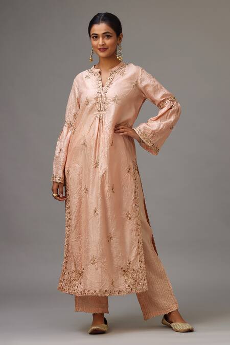 Buy_Kora_Pink , Organza Sequins, Zari Split Embroidered Straight Kurta Set _Online_at_Aza_Fashions