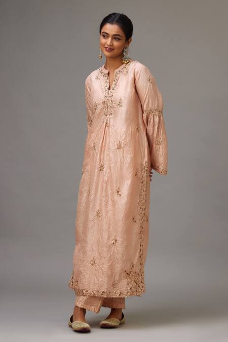 Shop_Kora_Pink , Organza Sequins, Zari Split Embroidered Straight Kurta Set _Online_at_Aza_Fashions