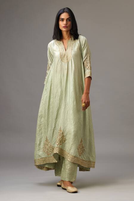 Kora_Green , Organza Gota Patti, Sequins, Asymmetric Embroidered Kurta Set _Online_at_Aza_Fashions