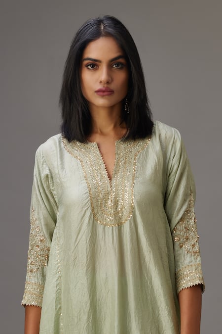 Buy_Kora_Green , Organza Gota Patti, Sequins, Asymmetric Embroidered Kurta Set _Online_at_Aza_Fashions