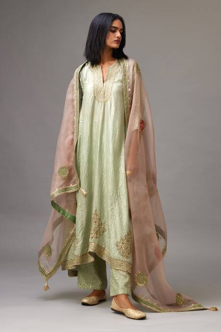 Kora_Green , Organza Gota Patti, Sequins, Asymmetric Embroidered Kurta Set _at_Aza_Fashions
