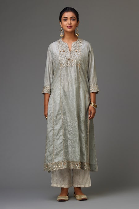 Kora_Blue , Organza Embroidery, Sequins Split A-line Kurta Set With Dupatta _Online_at_Aza_Fashions