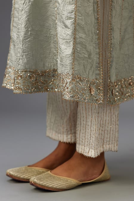 Buy_Kora_Blue , Organza Embroidery, Sequins Split A-line Kurta Set With Dupatta _Online_at_Aza_Fashions