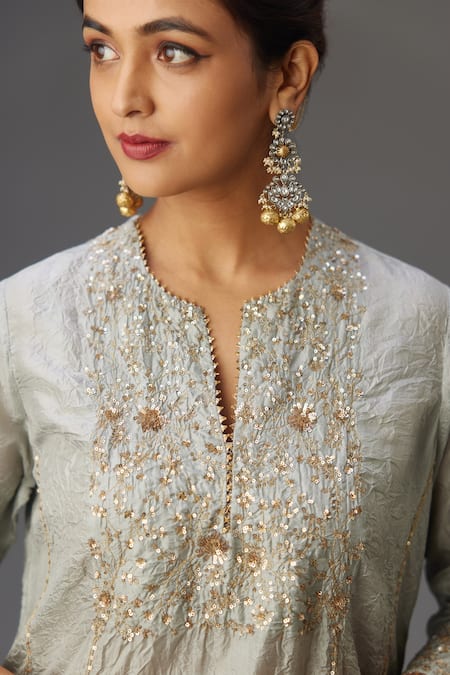 Shop_Kora_Blue , Organza Embroidery, Sequins Split A-line Kurta Set With Dupatta _Online_at_Aza_Fashions