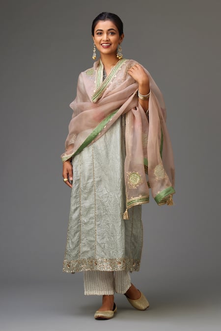 Kora_Blue , Organza Embroidery, Sequins Split A-line Kurta Set With Dupatta _at_Aza_Fashions