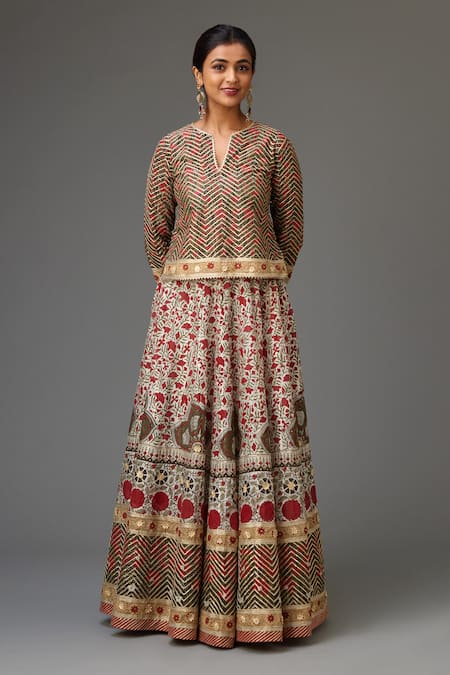 Kora_Red Silk, Chanderi Gota Patti, Sequins, Hand Block Print Choli Lehenga Set _Online_at_Aza_Fashions