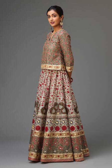 Buy_Kora_Red Silk, Chanderi Gota Patti, Sequins, Hand Block Print Choli Lehenga Set _Online_at_Aza_Fashions