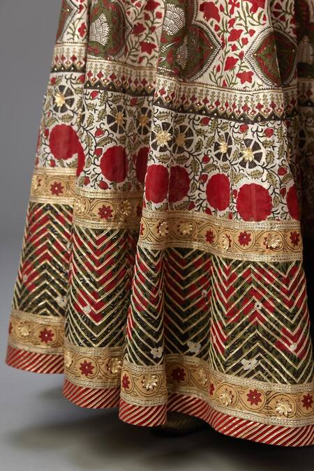 Shop_Kora_Red Silk, Chanderi Gota Patti, Sequins, Hand Block Print Choli Lehenga Set _Online_at_Aza_Fashions