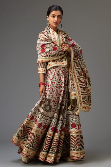 Kora_Red Silk, Chanderi Gota Patti, Sequins, Hand Block Print Choli Lehenga Set _at_Aza_Fashions