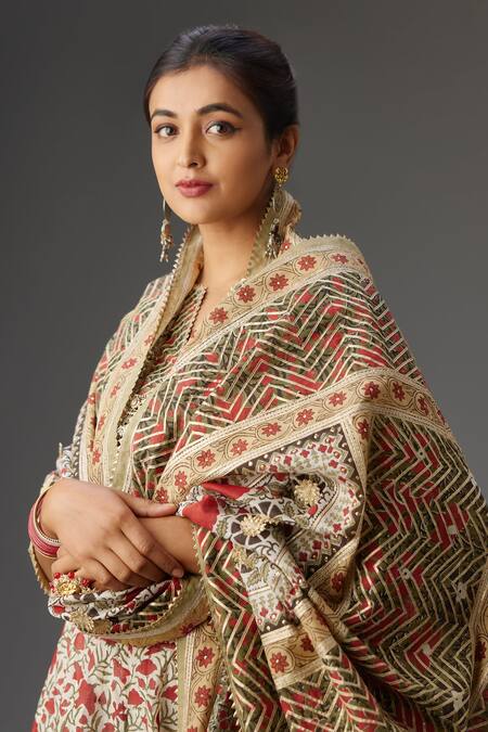 Buy_Kora_Red Silk, Chanderi Gota Patti, Sequins, Hand Block Print Choli Lehenga Set 