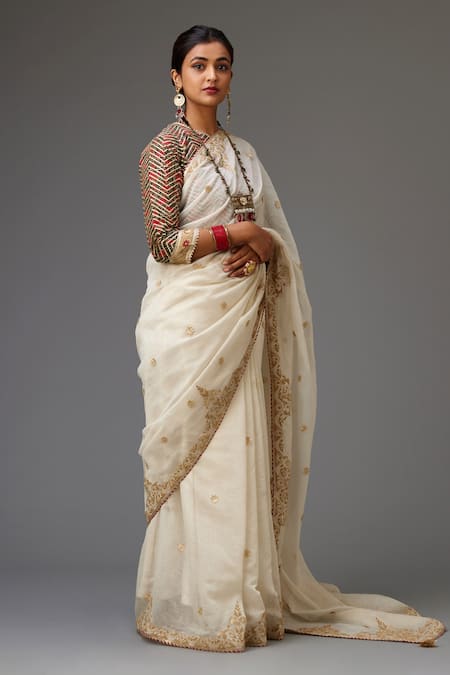 Buy_Kora_Off White Saree Cotton Chanderi Embroidery Gota Flower With Choli  _Online_at_Aza_Fashions