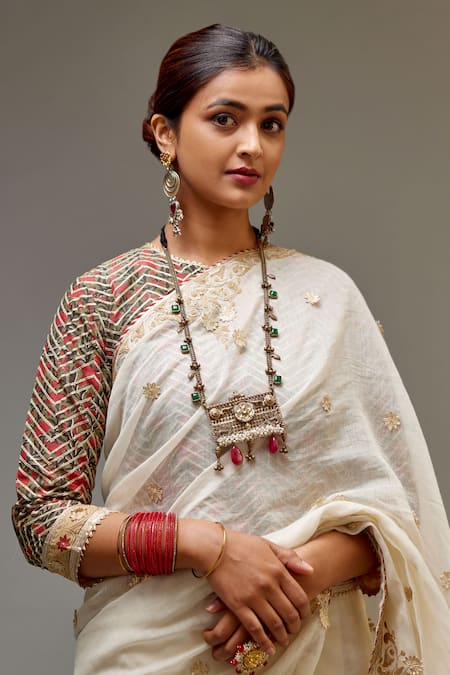 Kora_Off White Saree Cotton Chanderi Embroidery Gota Flower With Choli  _at_Aza_Fashions