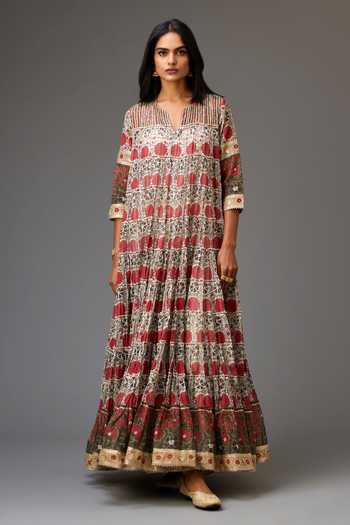 Kora_Red Cotton, Silk, Chanderi Gota Patti, Hand Block Print Tiered Anarkali Set _Online_at_Aza_Fashions