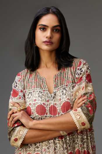 Shop_Kora_Red Cotton, Silk, Chanderi Gota Patti, Hand Block Print Tiered Anarkali Set _Online_at_Aza_Fashions