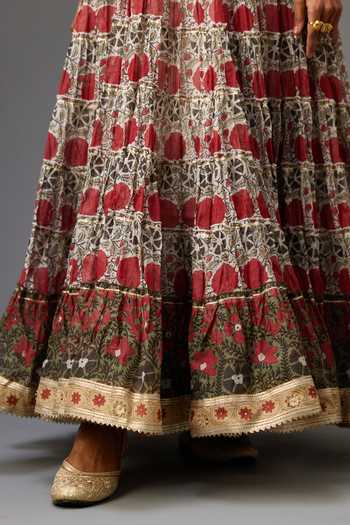 Kora_Red Cotton, Silk, Chanderi Gota Patti, Hand Block Print Tiered Anarkali Set _at_Aza_Fashions