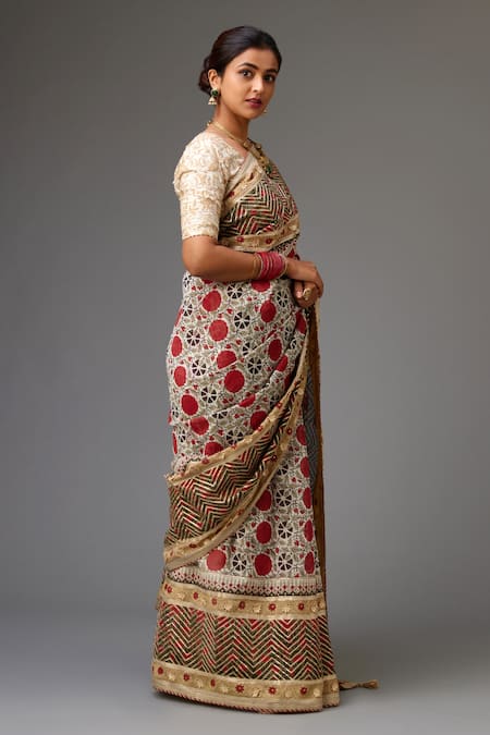 Kora Red Silk, Cotton, Chanderi Gota Patti, Hand Block Print Saree With Choli Online at Aza Fashions Kora_Red Silk, Cotton, Chanderi Gota Patti, Hand Block Print Saree With Choli _Online_at_Aza_Fashions
