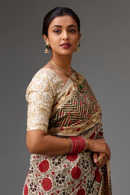 Buy Kora Red Silk, Cotton, Chanderi Gota Patti, Hand Block Print Saree With Choli Online at Aza Fashions Buy_Kora_Red Silk, Cotton, Chanderi Gota Patti, Hand Block Print Saree With Choli _Online_at_Aza_Fashions