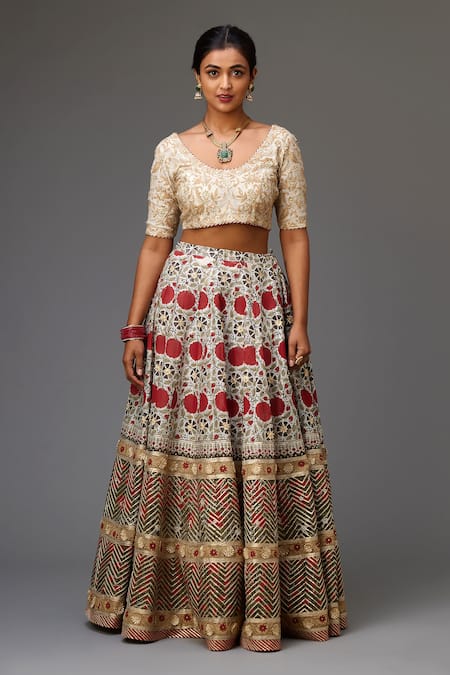 Kora Off White Cotton, Chanderi, Silk Gota Flower Hand Block Print Choli Lehenga Set Online at Aza Fashions Kora_Off White Cotton, Chanderi, Silk Gota Flower Hand Block Print Choli Lehenga Set _Online_at_Aza_Fashions