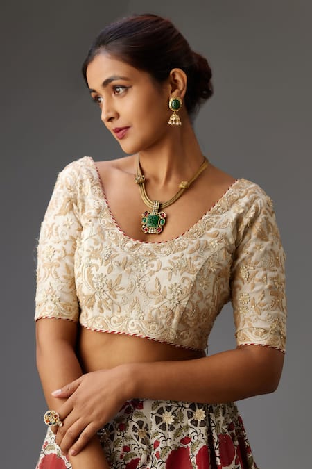 Buy Kora Off White Cotton, Chanderi, Silk Gota Flower Hand Block Print Choli Lehenga Set Online at Aza Fashions Buy_Kora_Off White Cotton, Chanderi, Silk Gota Flower Hand Block Print Choli Lehenga Set _Online_at_Aza_Fashions