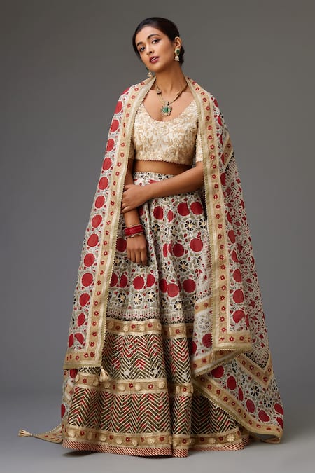 Kora Off White Cotton, Chanderi, Silk Gota Flower Hand Block Print Choli Lehenga Set at Aza Fashions Kora_Off White Cotton, Chanderi, Silk Gota Flower Hand Block Print Choli Lehenga Set _at_Aza_Fashions