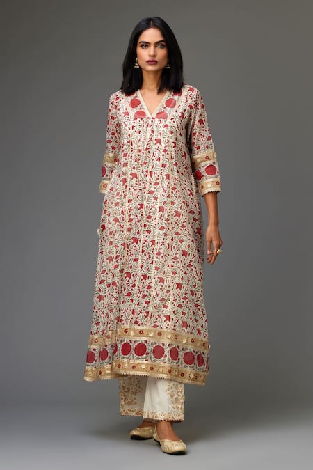 Kora_Red Silk, Cotton, Chanderi Gota Patti, Embroidery, Tassels V-neck Kurta Set _Online_at_Aza_Fashions