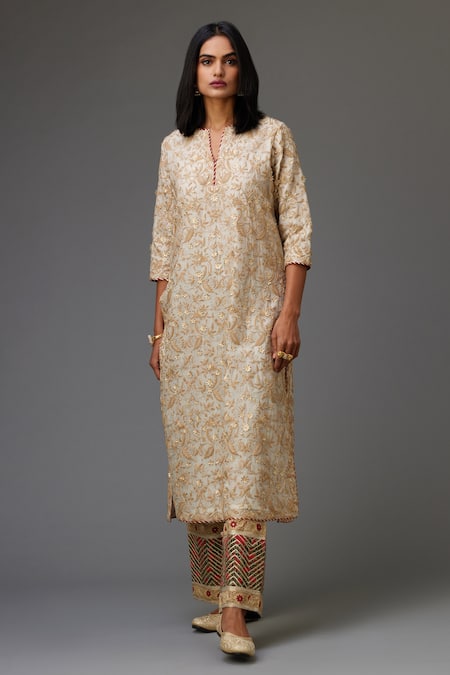 Kora_Off White Cotton, Silk, Chanderi Gota Patti, Sequins, Embroidered Kurta Set _Online_at_Aza_Fashions