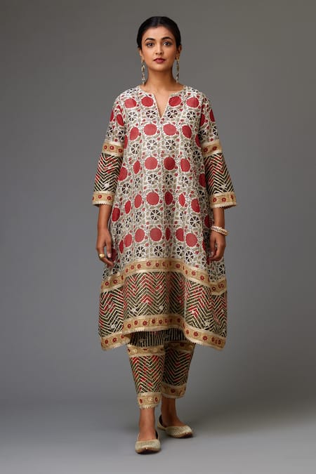 Kora Red Silk, Cotton Cut Work, Chanderi Hand Block Print A-line Kurta Set Online at Aza Fashions Kora_Red Silk, Cotton Cut Work, Chanderi Hand Block Print A-line Kurta Set _Online_at_Aza_Fashions