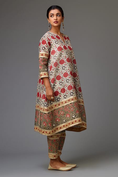 Buy Kora Red Silk, Cotton Cut Work, Chanderi Hand Block Print A-line Kurta Set Online at Aza Fashions Buy_Kora_Red Silk, Cotton Cut Work, Chanderi Hand Block Print A-line Kurta Set _Online_at_Aza_Fashions