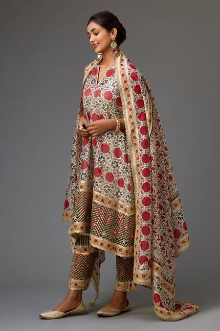 Kora Red Silk, Cotton Cut Work, Chanderi Hand Block Print A-line Kurta Set at Aza Fashions Kora_Red Silk, Cotton Cut Work, Chanderi Hand Block Print A-line Kurta Set _at_Aza_Fashions