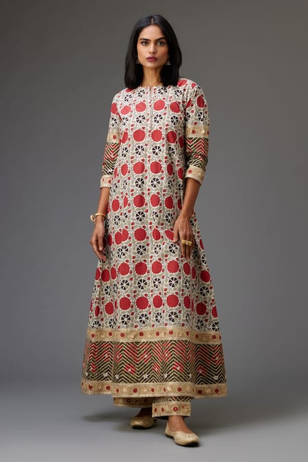 Buy_Kora_Off White Cotton Gota Patti Open Neck Embroidered Jacket And Pant Set _Online_at_Aza_Fashions