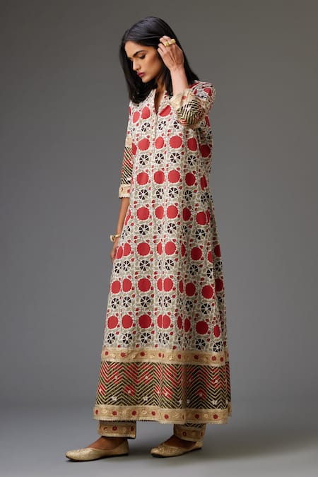 Shop_Kora_Off White Cotton Gota Patti Open Neck Embroidered Jacket And Pant Set _Online_at_Aza_Fashions