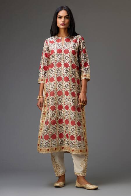 Kora Red Silk, Cotton, Chanderi Embroidery, Gota Stripe Hand Block Print Kurta Set Online at Aza Fashions Kora_Red Silk, Cotton, Chanderi Embroidery, Gota Stripe Hand Block Print Kurta Set _Online_at_Aza_Fashions