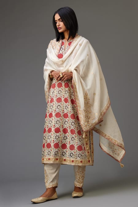 Kora Red Silk, Cotton, Chanderi Embroidery, Gota Stripe Hand Block Print Kurta Set at Aza Fashions Kora_Red Silk, Cotton, Chanderi Embroidery, Gota Stripe Hand Block Print Kurta Set _at_Aza_Fashions