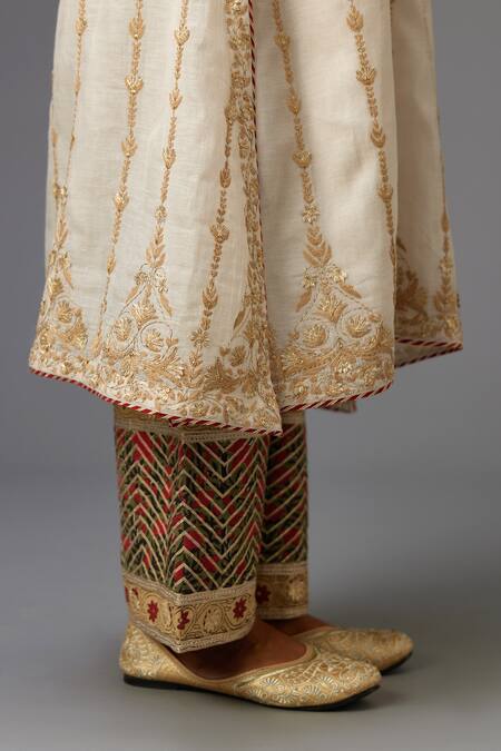 Shop_Kora_Off White Cotton, Chanderi, Silk Embroidery, Gota Stripe Pattern Kurta Set _Online_at_Aza_Fashions