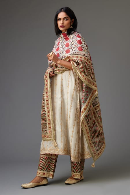 Kora_Off White Cotton, Chanderi, Silk Embroidery, Gota Stripe Pattern Kurta Set _at_Aza_Fashions