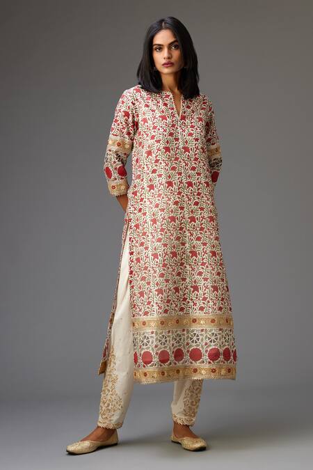 Kora Red Silk, Cotton, Chanderi Embroidery, Floral Hand Block Print Kurta Set Online at Aza Fashions Kora_Red Silk, Cotton, Chanderi Embroidery, Floral Hand Block Print Kurta Set _Online_at_Aza_Fashions