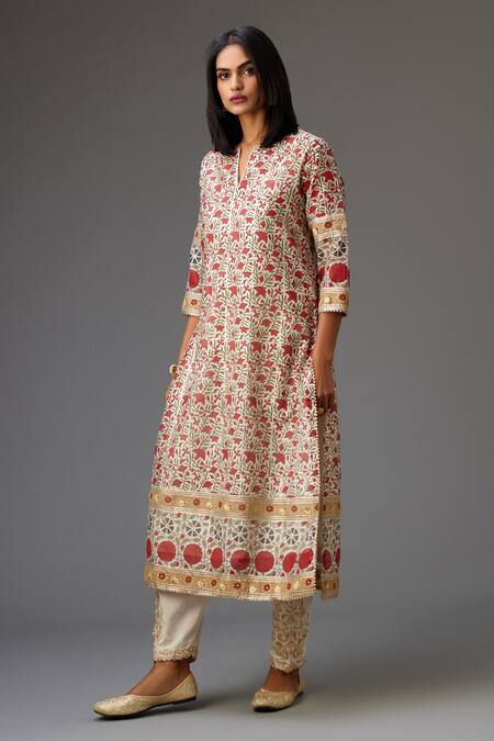 Buy Kora Red Silk, Cotton, Chanderi Embroidery, Floral Hand Block Print Kurta Set Online at Aza Fashions Buy_Kora_Red Silk, Cotton, Chanderi Embroidery, Floral Hand Block Print Kurta Set _Online_at_Aza_Fashions