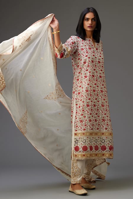 Buy Kora Red Silk, Cotton, Chanderi Embroidery, Floral Hand Block Print Kurta Set Buy_Kora_Red Silk, Cotton, Chanderi Embroidery, Floral Hand Block Print Kurta Set
