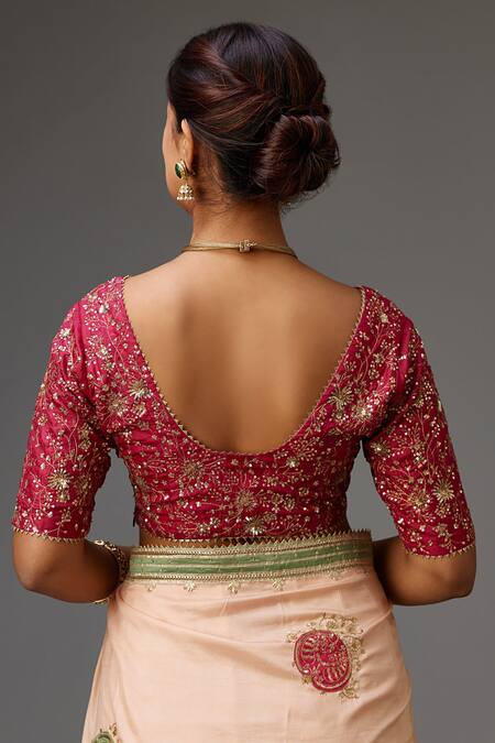 Shop_Kora_Pink Silk, Cotton Sequins, Zari, Applique Boota Embroidered Saree With Blouse _Online_at_Aza_Fashions