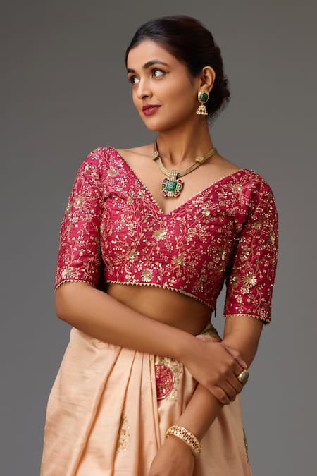 Kora_Pink Silk, Cotton Sequins, Zari, Applique Boota Embroidered Saree With Blouse _at_Aza_Fashions