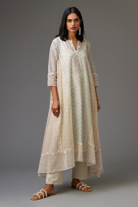 Kora_Multi Color , Satin, Chanderi Floral Hand Block Print Kurta Set _Online_at_Aza_Fashions