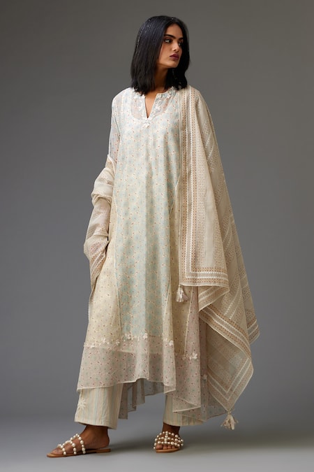 Kora_Multi Color , Satin, Chanderi Floral Hand Block Print Kurta Set _at_Aza_Fashions