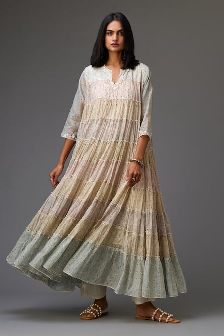 Kora Multi Color Cotton, Chanderi Embroidery, Tassels Hand Block Printed Anarkali Set Online at Aza Fashions Kora_Multi Color Cotton, Chanderi Embroidery, Tassels Hand Block Printed Anarkali Set _Online_at_Aza_Fashions