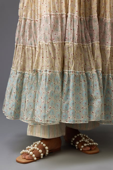 Shop Kora Multi Color Cotton, Chanderi Embroidery, Tassels Hand Block Printed Anarkali Set Online at Aza Fashions Shop_Kora_Multi Color Cotton, Chanderi Embroidery, Tassels Hand Block Printed Anarkali Set _Online_at_Aza_Fashions