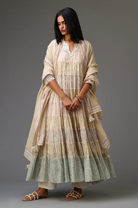 Kora Multi Color Cotton, Chanderi Embroidery, Tassels Hand Block Printed Anarkali Set at Aza Fashions Kora_Multi Color Cotton, Chanderi Embroidery, Tassels Hand Block Printed Anarkali Set _at_Aza_Fashions