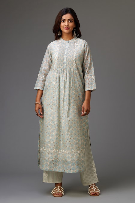 Kora_Blue Silk, Cotton, Chanderi Embroidery, Lace Hand Block Printed Kurta Set _Online_at_Aza_Fashions