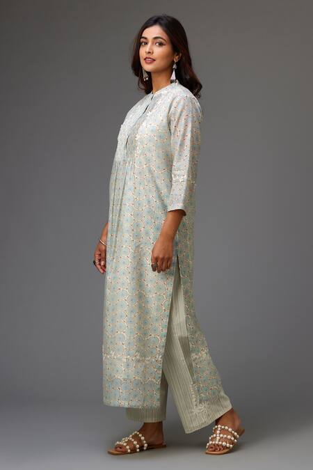 Buy_Kora_Blue Silk, Cotton, Chanderi Embroidery, Lace Hand Block Printed Kurta Set _Online_at_Aza_Fashions