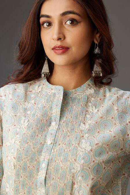 Shop_Kora_Blue Silk, Cotton, Chanderi Embroidery, Lace Hand Block Printed Kurta Set _Online_at_Aza_Fashions