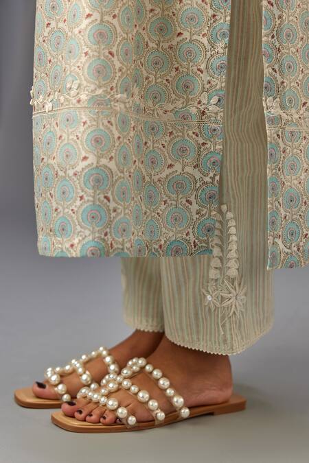 Kora_Blue Silk, Cotton, Chanderi Embroidery, Lace Hand Block Printed Kurta Set _at_Aza_Fashions